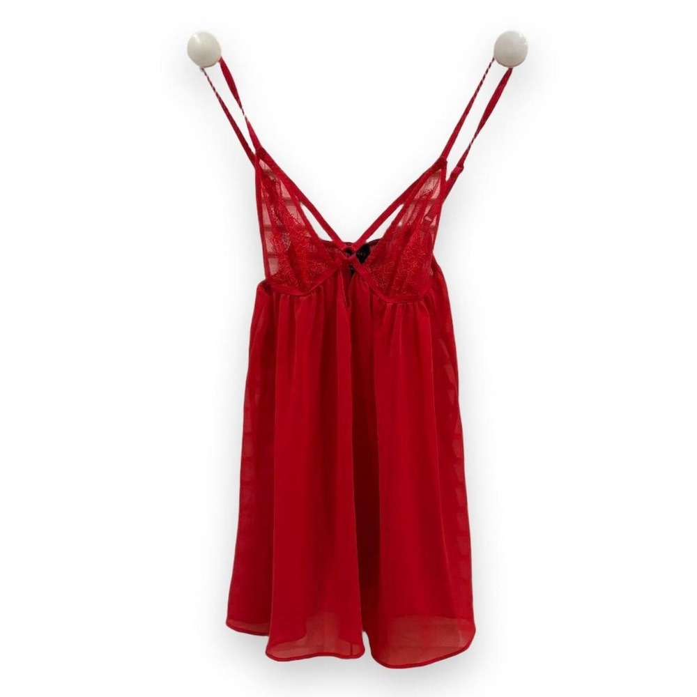 Victorias Secret Red Lace Sheer Babydoll Lingerie Small Adjustable Straps Bow